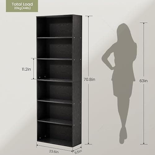 GRUSIGN 71" Tall 6-Tier Bookshelf, Large Open Display Bookcase with Ample Storage, Floor Standing Book Shelf for Living Room, Home Office, Bed Room, Black thumbnail 2