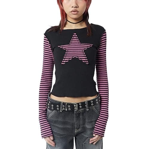 Women Vintage Star Pattern Stripes Patchwork T Shirts Long Sleeve Crew Neck Crop Top Casual Y2K 90s Streetwear thumbnail 5