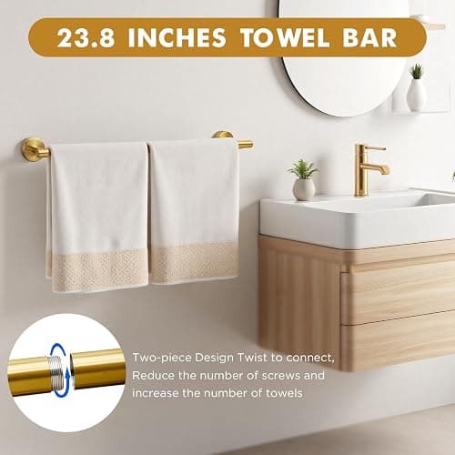 Gold Bathroom Accessories, 24” Towel Bar, Towel Ring Holder, Toilet Paper Holder and 3 Towel Hooks, Bathroom Hardware Set Wall Mounted thumbnail 4