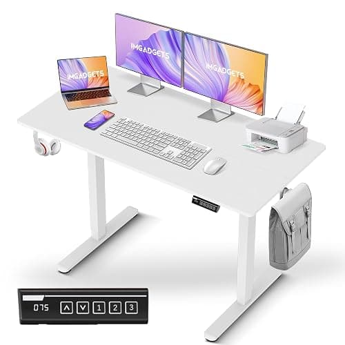 IMGadgets Electric Standing Desk, 47x24 Inches Height Adjustable, 2026 6th Gen Quieter Motor Ergonomic Sit Stand Desk, Computer Desk for Home Office, Height Memory Buttons, Display, 2 Holders (White) - Image 1