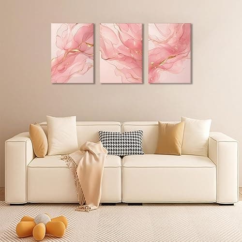 Fetyiu Pink Canvas Wall Art Pink And Gold Abstract Painting Wall Decor 3 Piece Minimalist Modern Marble Pictures Wall Decor for Bedroom Bathroom Living Room Office 12x16in Framed thumbnail 3