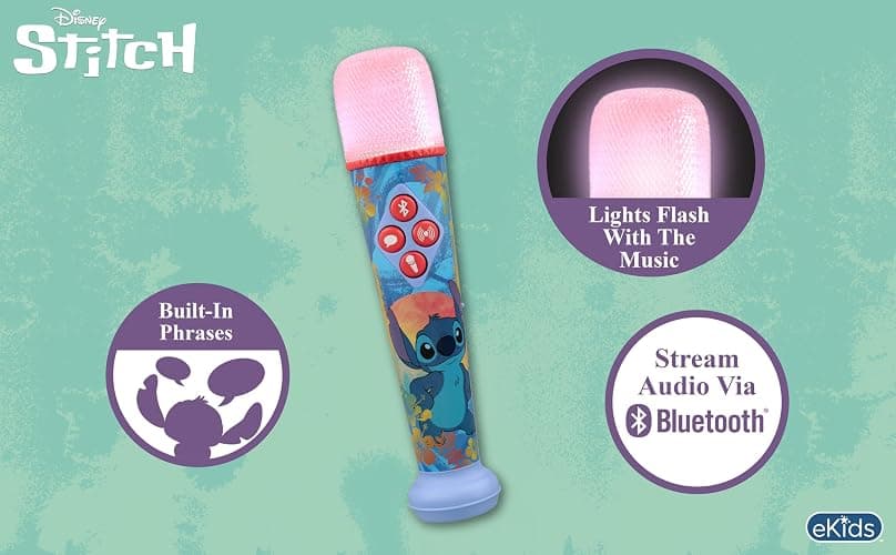 eKids Disney Stitch Karaoke Microphone for Kids, Bluetooth Microphone with Echo Effects and Light Show (Stitch) thumbnail 2