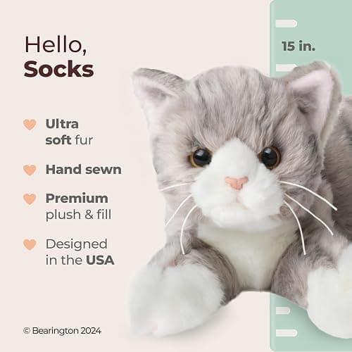 Bearington Socks Stuffed Cat Plush - 15" Realistic Grey Tabby Cat Plush Toy with Soft Fur and Lifelike Details - Stuffed Kitty - Adorable Cuddly Kitten Plushie Gift for Kids and Toddlers thumbnail 2
