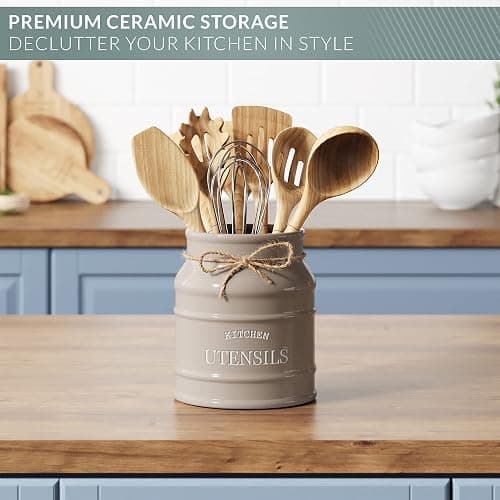 Barnyard Designs Ceramic Farmhouse Utensil Holder for Kitchen Counter, Large Rustic Utensil Crock, Countertop Cooking Tool Spatula Organizer, 6.75” (Taupe) thumbnail 6