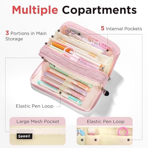 Sooez Large Pencil Case Pouch, Extra Big Pencil Bag with 8 Compartments, Pen Bag Wide Opening, Soft Quilted Pencil Pouch Organizer with Zipper, Portable Pencil Case for Teen Girls, Blush thumbnail 5