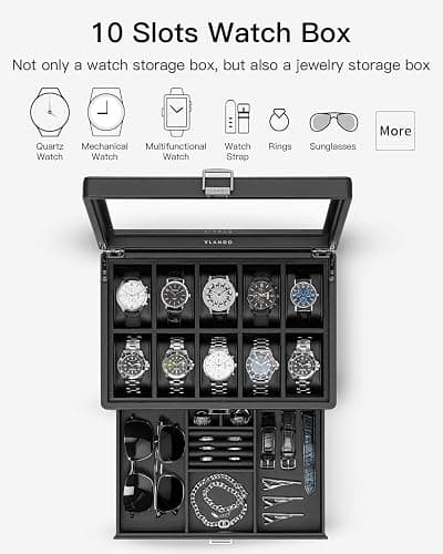 Vlando Watch Box 10 Slots, Lockable Watch Case with Textured Leather, 2 Layer Watch Holder for Rings, Glasses, Mens Jewelry Box with Glass Lid, Removable Divider, Gifts for Father, Husband, Black thumbnail 3