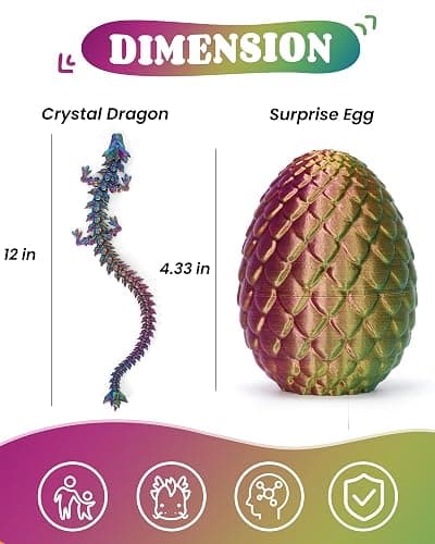 12" 3D Printed Dragon Easter Eggs with Dragon Inside, Prefilled Easter Dragon Egg with Dragon Toy for Basket Stuffers,Articulated Crystal Dragon Fidget Toy, 3D Printed Easter Gifts for Kids 6-8 thumbnail 3