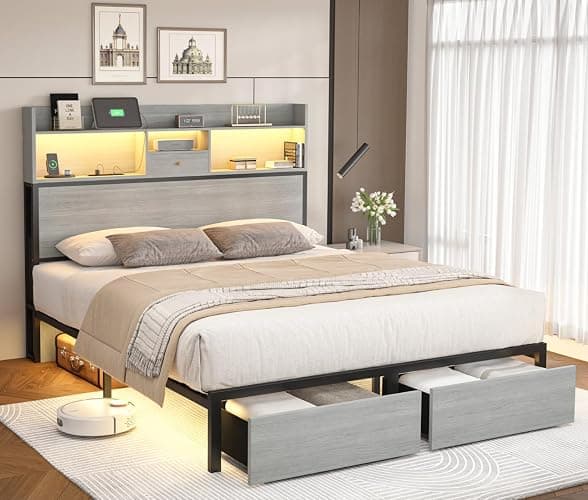 Siihnon Queen Bed Frame with Headboard and LED Lights, 51.2" Bookcase Tall Bed Frame Queen Size with Storage Drawers and Charging Station, Platform Metal Bed Frames, No Box Spring Needed, Grey thumbnail 3