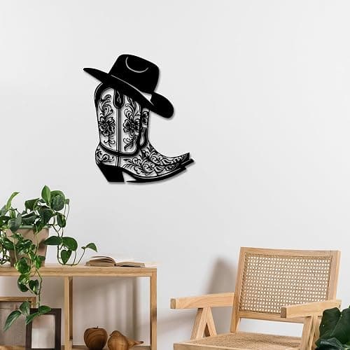 Rajukit Cowgirl Boot Hat Metal Wall Decor for Home | Farmhouse western cowboy boot with hat wall art. Vintage rustic decor for bedroom, bathroom. Size: 11.8 x 10.2 inches. Black. thumbnail 8