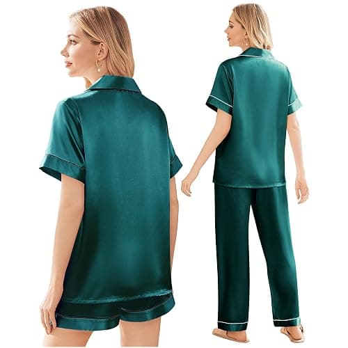 Ekouaer Silk Pajamas for Women Set Satin Pjs Soft Short Sleeve Button Down Sleepwear 3 Piece Loungewear S-XXL thumbnail 4