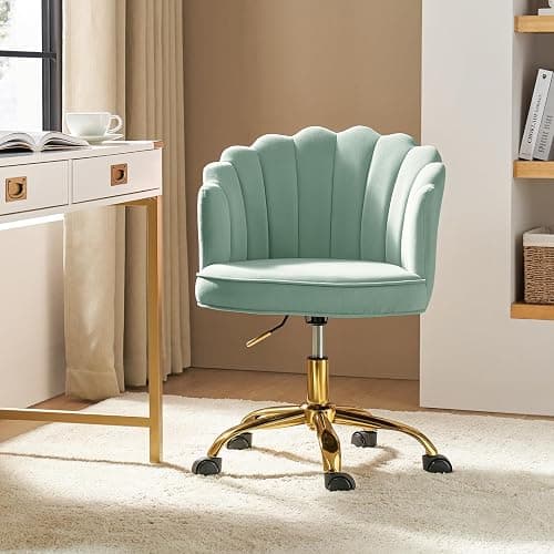 HULALA HOME Velvet Home Office Chair with Gold Base, Womans Modern Cute Shell Back Upholstered Desk Chair for Vanity, Adjustable Swivel Task Chair for Living Room, Sage thumbnail 8
