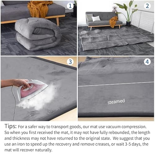 Huloo Sleep Ultra Soft Baby Play Mat for Floor,1.3" Thick Elasti-Foam 50x50 Playpen Mat for Toddlers Infant kids,Water-Repellent Coral Velvet for Tummy Time,Non-Slip Backing Safe for Crawling,Tatami Style (Dark Grey) thumbnail 9