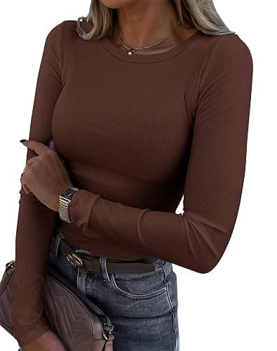 Roselux Womens Long Sleeve Stretch Crewneck Ribbed T-Shirt Fitted Casual Basic Tops - Image 1