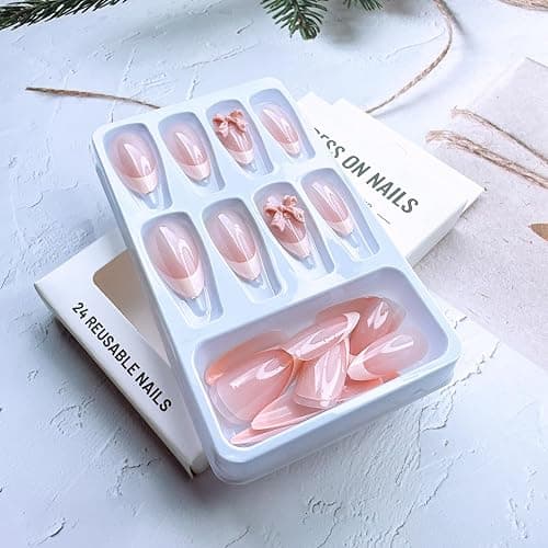 24pcs French Tip Press on Nails Medium Almond Fake Nails with Charms Designs Bow False Nails Stick on Nails Full Cover Glossy Artificial Nails for Women Girl Nail Decoration Supplies thumbnail 6