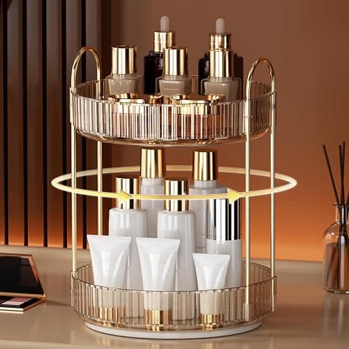 YCIA&DONE 360 Rotating Makeup Organizer and Storage for Vanity Countertop 2 Tiers, High Capacity Cosmetic Skincare Perfume Organizers for Dresser Bathroom Lazy Susan (Amber Gold) thumbnail 2