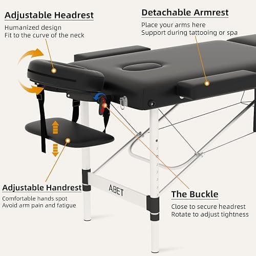 ABET Massage Table, 3 Fold Portable Professional Lash Tattoo Spa Bed, Height Adjustable 23.5" Wide Compact Facial Table with Detachable Oil Pocket Towel Rod Face Cradle Armrest, Aluminum Feet & Black thumbnail 8