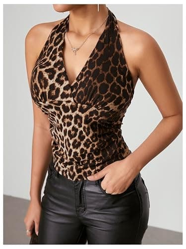 WDIRARA Women's Leopard Print Ruched Halter Crop Tops V Neck Tie Back Sleeveless Slim Fit Cami Tops thumbnail 3
