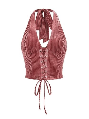 Verdusa Women's Sleeveless Halter Neck Lace Up Front Tie Back Crop Top - Small - Dusty Pink