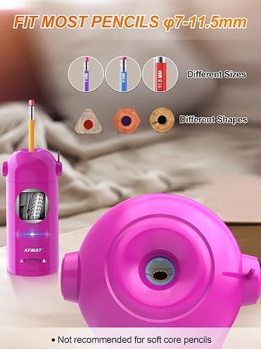 AFMAT Electric Pencil Sharpener, Fully Automatic Pencil Sharpener for Classroom, 7-11.5mm Colored/Jumbo Pencils, Auto in & Out, Rechargeable Hands-Free Sharpener for Home Office PSX5, Pink thumbnail 3