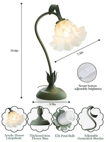 AQDZCNF Flower Table Lamp,LED Reading Light Bedside Vintage Flower Night Light,3 Colors Modes Kawaii Bedside Lamps Decor,Living Room Bedroom Room Lighting Table Lamps Home Decoration (Green) thumbnail 5