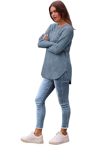 Saloogoe Long Sleeve Shirts for Women 2025 Fall Clothes Tunic Tops Loose Fit Dressy Crewneck Pullover Sweaters Curved Hem thumbnail 4