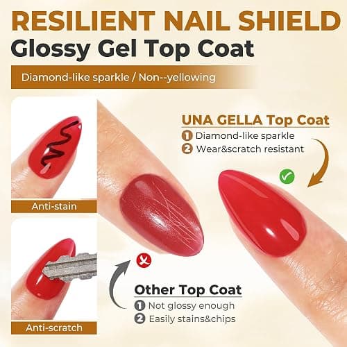 UNA GELLA No Wipe 2PCS Gel Top Coat Base Coat Set, Highly Glossy Top Coat Gel Nail Polish Strengthen and Acid-Free Clear Nail Base Soak Off, Key to Manicure for Her (U V Cure Need) thumbnail 2