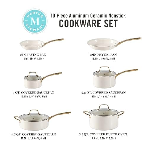 Martha Stewart Lockton Premium Non stick Non Toxic PFA Free Ceramic Interior 10 Piece Heavy Gauge Enamel Aluminum Pots and Pans Cookware Set - Linen White w/Gold Handle thumbnail 2