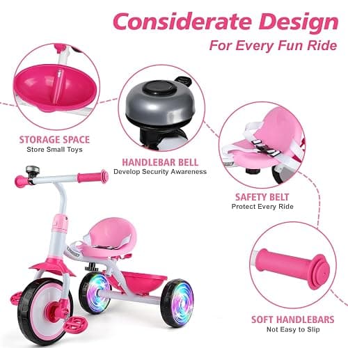 Liberry 2 in 1 Toddler Tricycle Age 2 3 4 Years Old, Kids Trike with Light Up Wheels, Adjustable Push Handle, 3 Wheel Bike Outdoor Indoor Riding Toy Gift for Girls Boys, Pink thumbnail 7