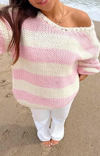 Women Striped Knit Sweaters 2025 Oversized Fall Winter Drop Shoulder Color Block Long Sleeve Loose Fit Pullover Tops thumbnail 5