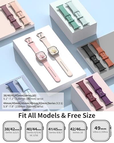 Patenting 6 Pack Sport Bands Compatible with Apple Watch Bands for Women Men 38mm/40mm/41mm/42mm(Series 10), Soft Silicone Waterproof Strap for iWatch Apple Watch Series 10 9 Ultra 8 7 6 5 4 3 2 1 SE - Black/ Starlight/ Pink Sand/ Milk Tea/ Smoke Violet/ Succulent - 38mm/40mm/41mm/42mm(Series 10) thumbnail 3