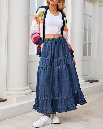YEXPINE Women's Swing Chambray Maxi Skirt Elastic Waist Pleated Tiered Flowy Long Skirts Retro Denim Skirt thumbnail 4