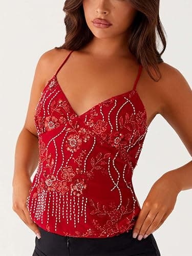 YILEEGOO Women Sequin Sparkle Open Back Criss Cross Straps Tank Top Y2k Pearl Embellished Cami Tops Sexy Bling Glitter Rhinestone Camisole thumbnail 2