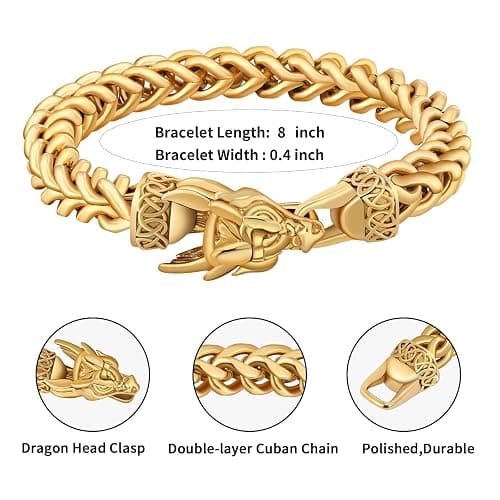 LCTrusttmor Gahna Viking Dragon Bracelet for Men, 316L Stainless Steel Cuban Link Chain 10mm Width, 8 Inch Length, Vintage Silver/Black/Steel/Gold, Punk Norse Jewelry Gifts for Him Husband thumbnail 4