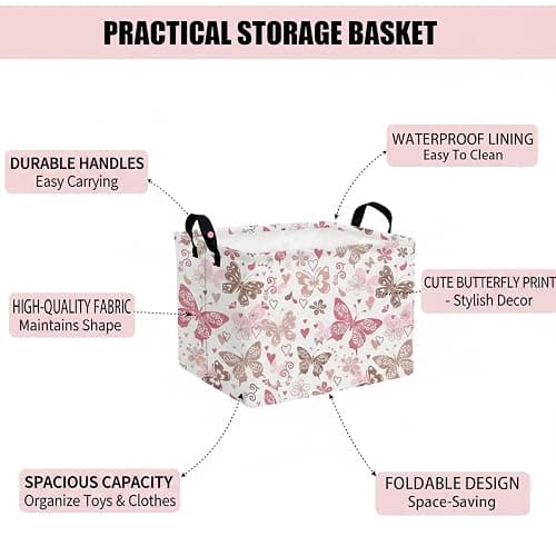 HEFEICZ Butterfly Basket – Adorable Kids Storage Bins, Perfect for Girls Room Organization & Decor, Cute & Functional Toy Box with Handles (Pink&Khaki) thumbnail 4