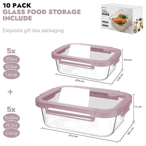 BOROHOUSE 10-Pack Glass Food Storage Containers with Tempered Lids – Borosilicate, Airtight, Oven-Safe (-4°F~950°F), BPA-Free, 4.4 & 1.6 Cup, Leak-Proof, Dishwasher Safe (Pink) thumbnail 2