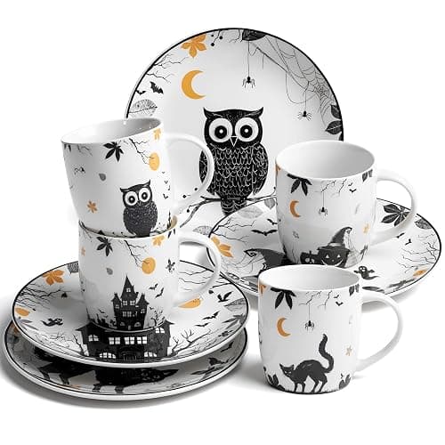 SiliFine 8 Pcs Vintage Halloween Ceramic Dinnerware Set 8 Inch Gothic Plates and 11 oz Mugs Halloween Haunted Owl Pumpkin Cat Dessert Plates and Mugs for Indoor Outdoor Party Kitchenware Gift - Image 1