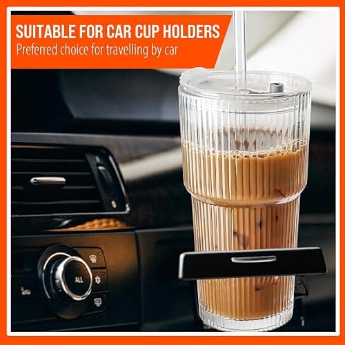 SUROQUE 20oz Ribbed Glass Tumblers with Lids & Straws, Ideal for Iced Coffee, Cocktails & More - Includes Cleaning Brush thumbnail 6