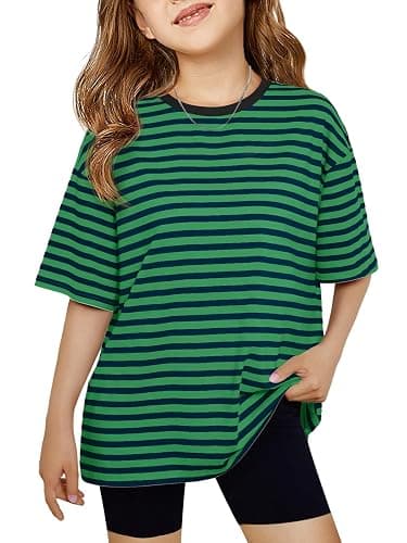 Haloumoning Girls Striped Short Sleeve T Shirts Kids Summer Oversized Tops Casual Crewneck Tees 5-14 Years - Image 1