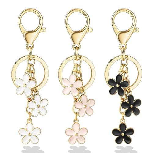 Qubusm 3Pcs Cute Keychain for Women, Flower Enamel Charm Keyring for Handbag Backpack Purse(White,Pink,Black - Image 1
