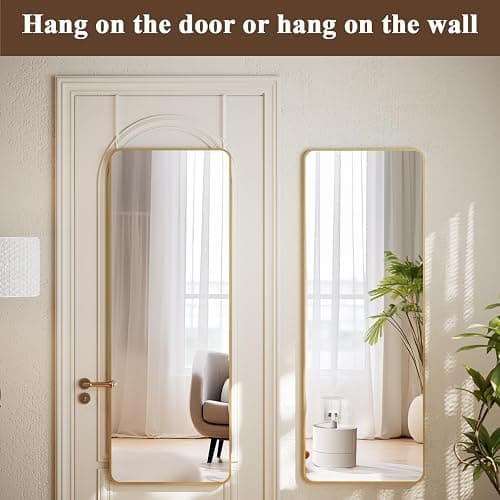 VooBang 14"x48" Full Length Over The Door Mirror - Aluminum Alloy Frame Full Body Mirror with Height-Adjustable Hangers, Hanging Leaning Against Wall for Dorm, Gold thumbnail 3