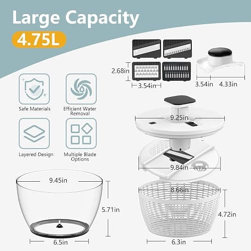 Salad Spinner Large, Lettuce Spinner, Fruits and Vegetables Washer with 4 Blades Slicer, One-handed Easy Press Large Vegetable Dryer Salad Mixer, 5 Quart Capacity, Grey thumbnail 3