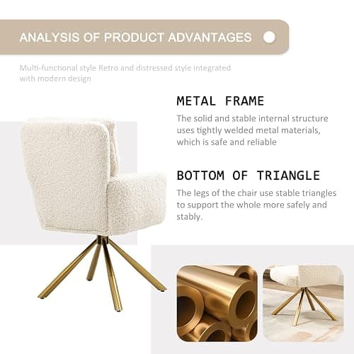Ugijei Teddy Office Desk Chair No Wheels, Modern Vanity Chair with Gold Legs, Boucle Comfy Swivel Accent Chair, Wide Seat Computer Task Reading Armchair for Living Room Home Office (Beige) thumbnail 6