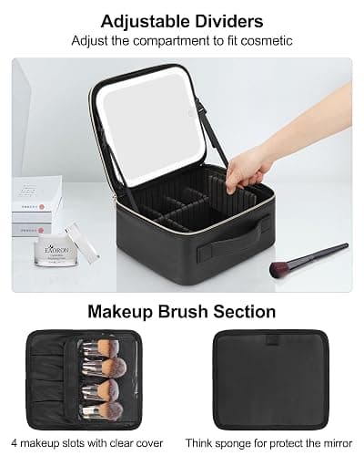 Chomeiu Makeup Bag with LED Mirror, Travel Makeup Case for Women and Makeup Artists Cosmetic Organizer Large Make Up Bags with Light Up Mirror, 3 Color Lights, Adjustable Dividers and Brush Holder thumbnail 3