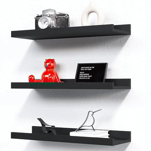 RICHER HOUSE 3-Set Floating Shelves with Lip, Black Small Wall Shelf, 16In | Display Picture Ledge Shelf, Anti-drop lip Shelf for Room Wall Decor, Bedroom Bathroom Storage Nursery Books, Easy Setup,Wood - Image 1
