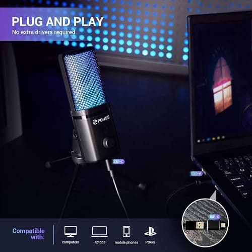 FDUCE Gaming USB Microphone for PC,RGB Condenser Computer Mic with Tripod Stand,Quick Mute,Gain Control,Cardioid Mic for Streaming, Podcast, Twitch, YouTube, PC, Computer, PS5, (M160) thumbnail 2