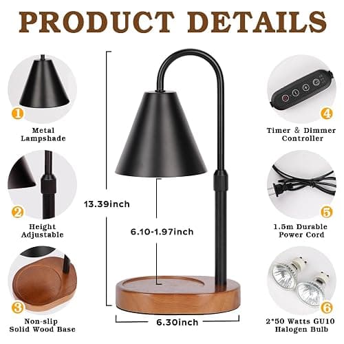 Candle Warmer Lamp With Timer Dimmable, Christmas Birthday Gifts for Women Mom, Modern Candle Lamp, Black Candle Warmer for Jar Scented Candles, Home Decor, Vintage Wax Melt Warmer with 2 Bulbs thumbnail 2