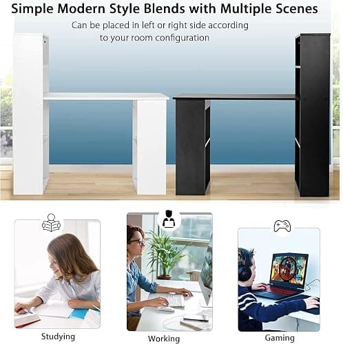 COSTWAY 122cm Computer Desk, Wooden PC Laptop Table Writing Workstation with 6-Tier Storage Bookshelves, Modern Home Office Working Study Desk (White) thumbnail 6