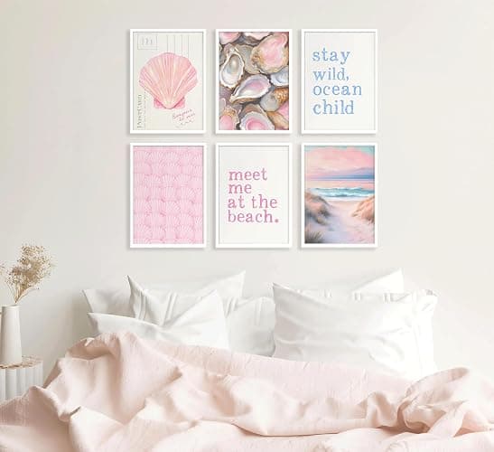 Pink Beach Preppy Wall art Coastal Granddaughter Aesthetic Room Painting Picture Wall Decor Shells Oyster Poster Print Artwork for Girls Room Girls Dorm Home Decoration thumbnail 3