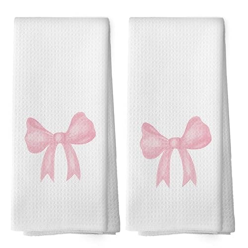 Mcehtle Coquette Pink Bow Girls Gifts Kitchen Towels Set of 2, Pink Bow Ribbon Hand Towels for Bathroom Decorative Tea Towels Dish Towels, Coquette Girly Bathroom Decor, 16x24 Inch - Image 1