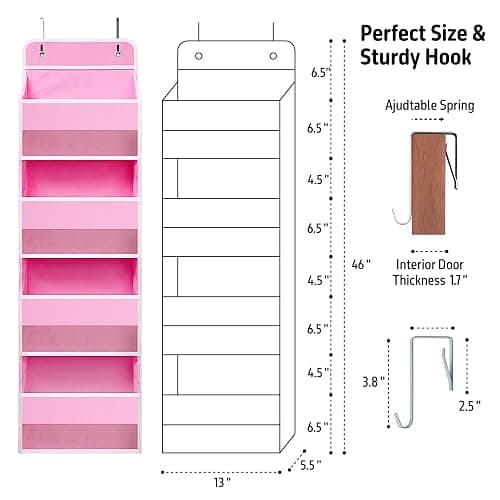 TYMENSH Over The Door Hanging Organizer with 4 Large Pockets – Closet, Bathroom, Nursery, Bedroom, Dorm Storage for Toys, Cosmetics, and Baby Essentials, Pink thumbnail 2